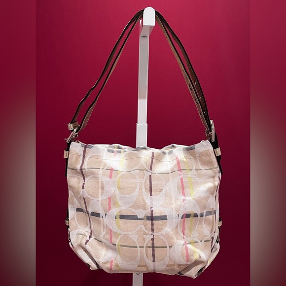 Coach Tattersall Cream and Brown Structured Shoulder Bag - Picture 2 of 14